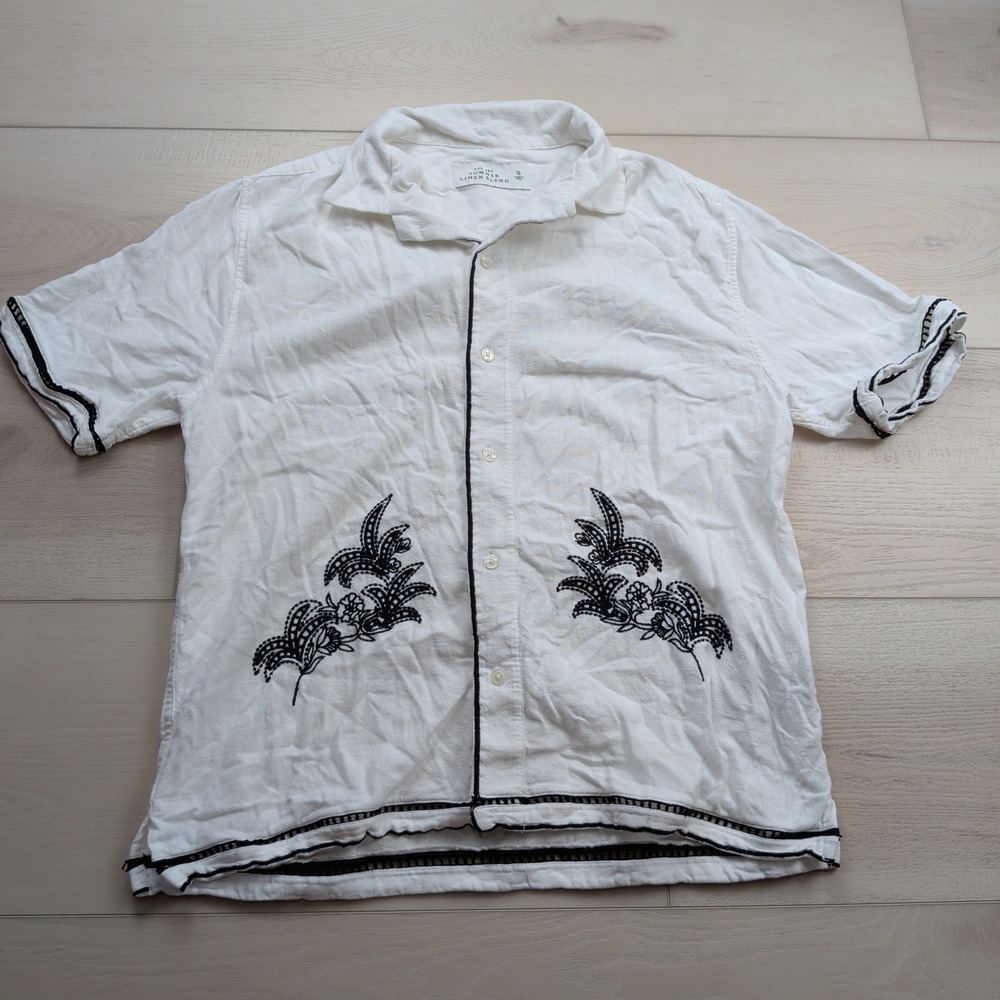 Abercrombie & Fitch The A & F Summer Linen Blend Camp Shirt Mens S Embroidered
